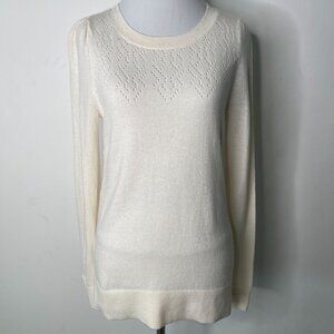 Loft Women's Cream Long Sleeve Perforated Crewneck Sweater Size XS